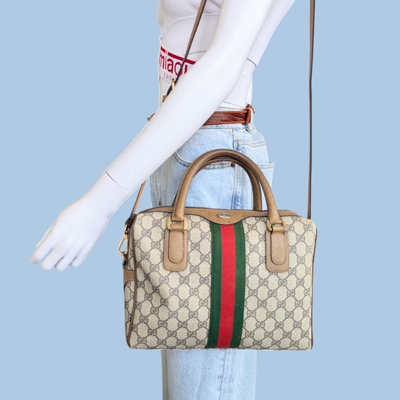 Gucci Monogram Leather Canvas Cream and Green Satchel Bag with Iconic Design - Picture 1 of 16